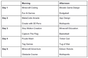 ComputerXplorers sample holiday camp schedule